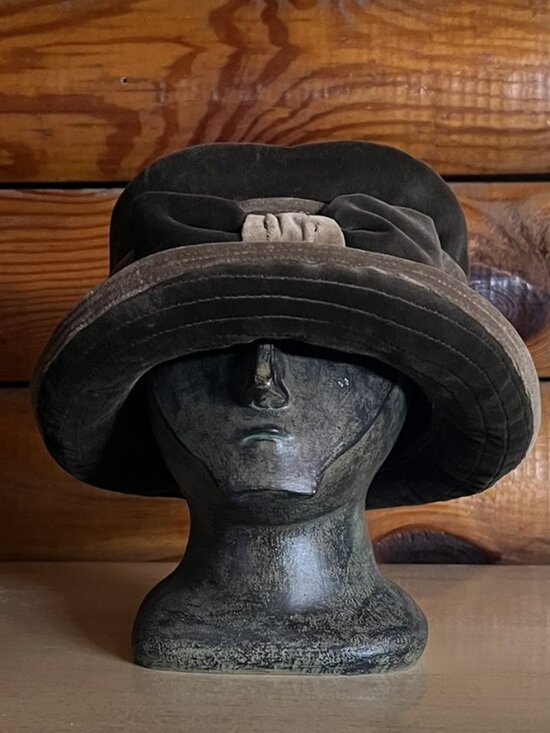 Vintage Green and Tan Pork Pie Style Velvet Hat with Bow, Lined main image 7